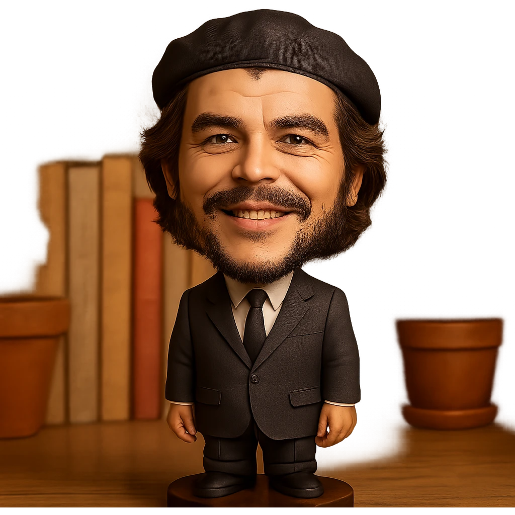 Che Guevara in a suit and tie, big head, confident smile, bobblehead style emoji