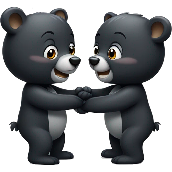 two small cute cartoon black bears hugging and smiling greeting each other emoji