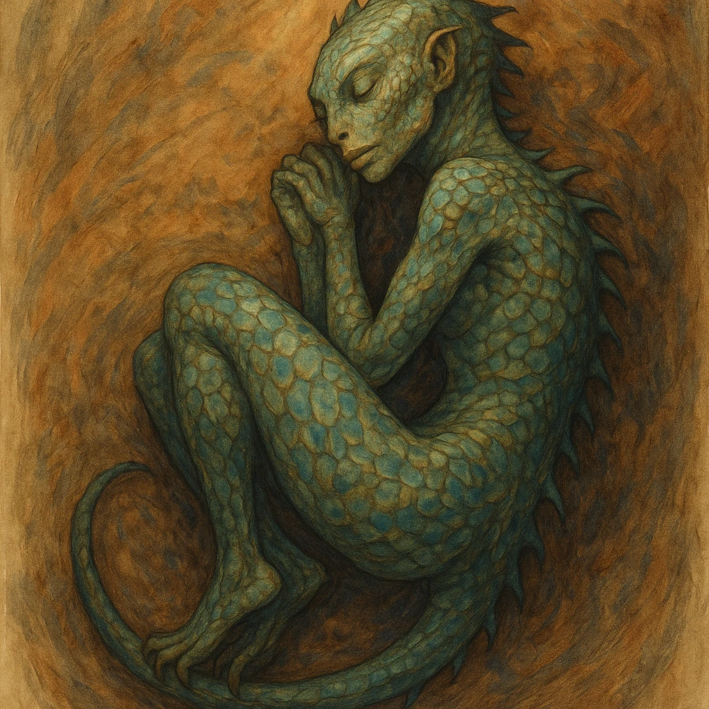 a Reptilian alien woman, full body, sleeping, unique artistic style, detailed, imaginative emoji