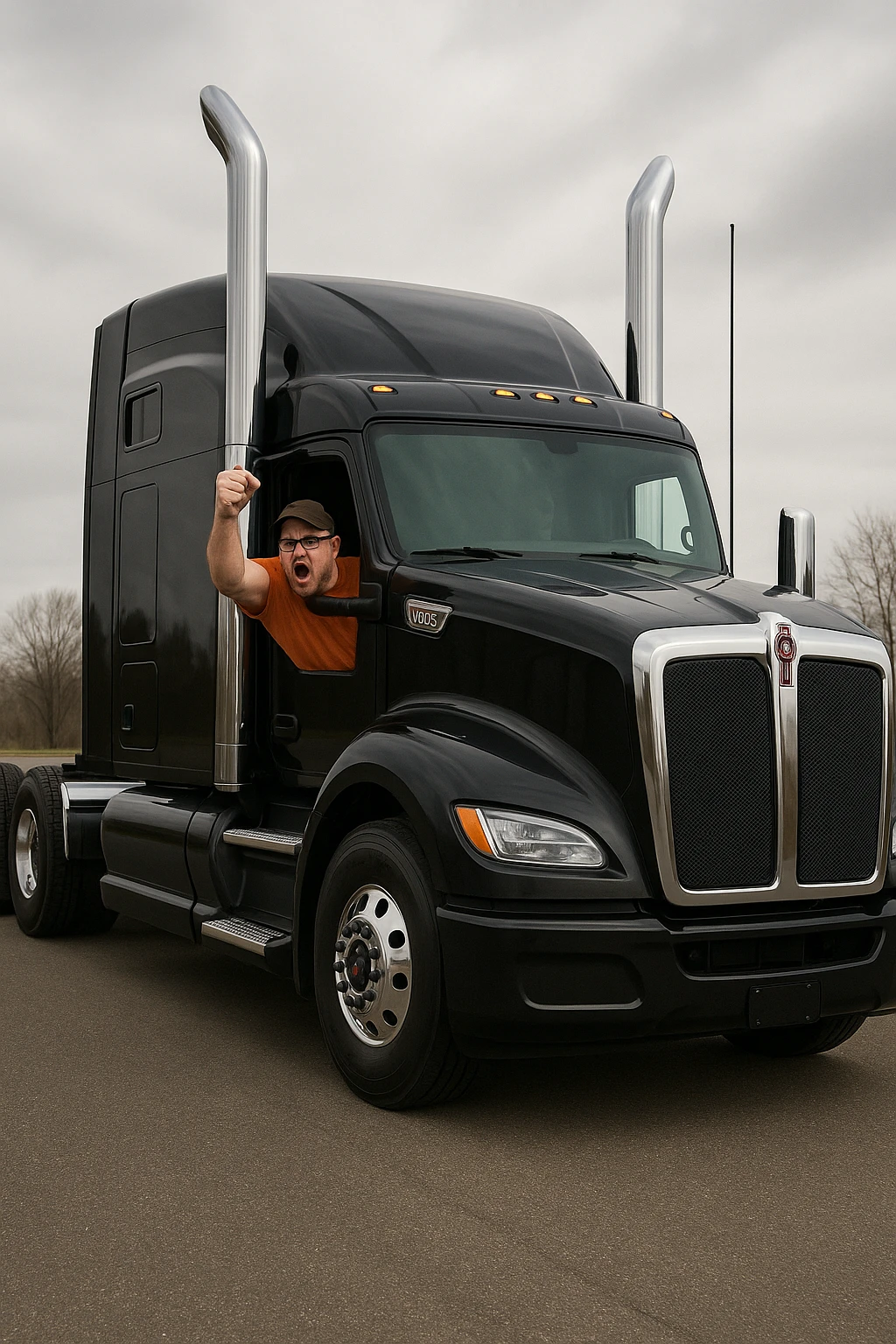 2026 Kenworth W680 black sleeper semi truck with tall chrome stacks, an angry bald man in an orange shirt, glasses, and baseball cap, arm pumping out the window emoji