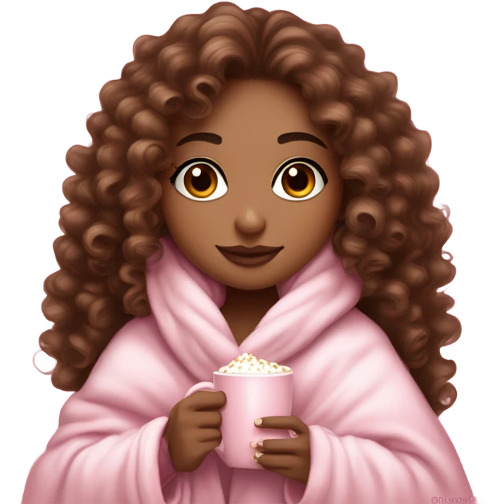 Light skin girl  with brown curly hair under our pink blanket,make her look like a young  make it so you can see the curly hairsipping hot cocoa with marshmallows, cuddled around the blanket, long curly hair, long, medium lashes emoji