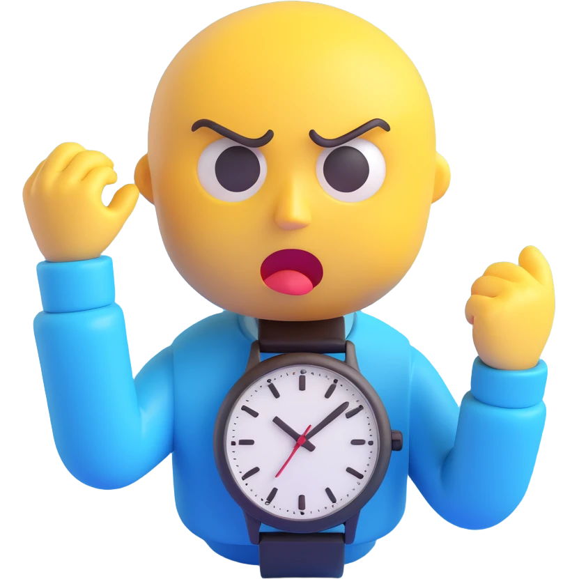 A yellow emoji face with a worried expression, looking at a wristwatch with raised eyebrows, showing urgency and stress emoji