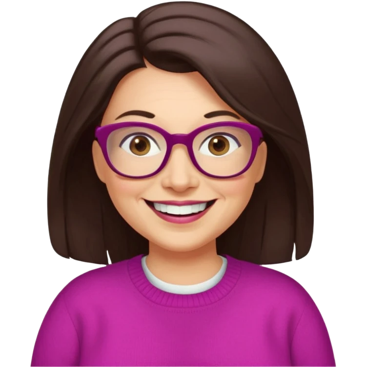 50 yr Caucasian woman, long dark brown hair parted on side, brown eyes, brown glasses, big smile, white teeth, fuscia sweater, chubby,  emoji