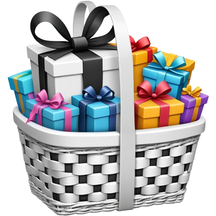 big white gift basket with lots of gifts that are black and white emoji