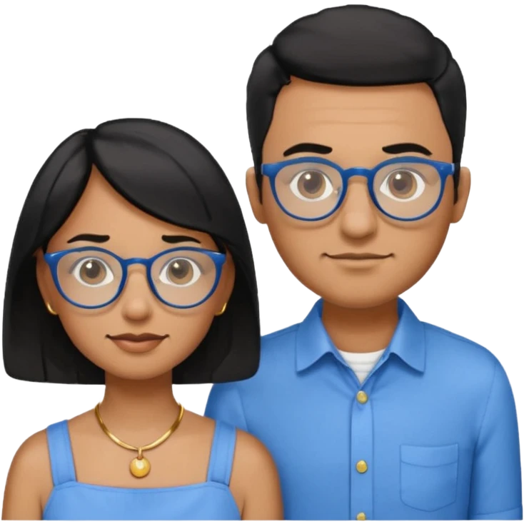 Dois emojis, um homem pardo com cabelos pretos, blusa azul com gola e botões, óculos retangular na cor azul. Mulher parda com cabelo curto preto, óculos redondos e transparentes, está com vestido azul de alças finas e com brincos de argolas douradas na orelha emoji