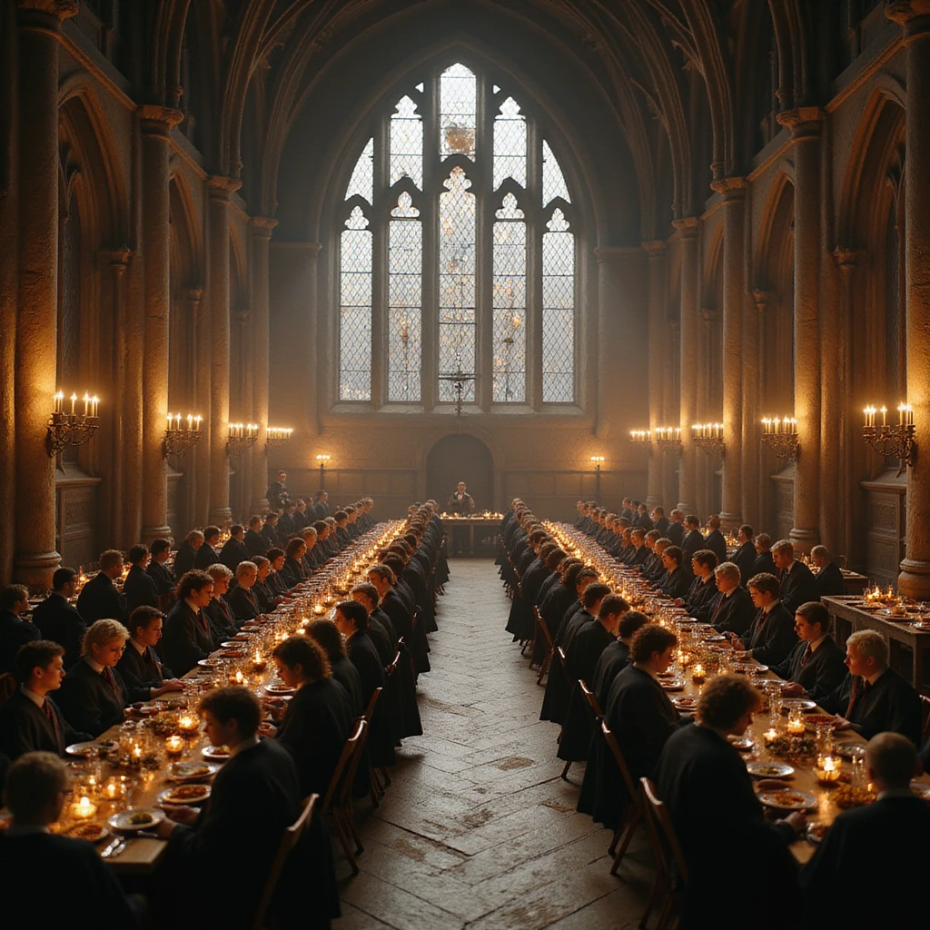 photorealistic depiction of the Great Hall from Harry Potter series, filled with students in Hogwarts robes, floating candles above, long tables with food emoji