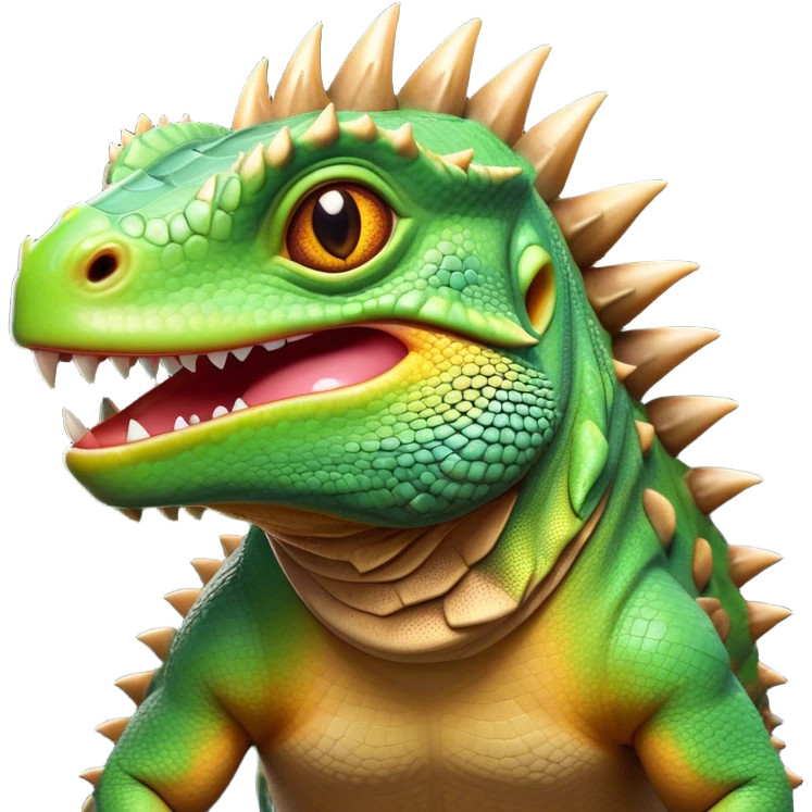 Cinematic Comical Iguana Portrait Emoji, Head tilted dramatically with an exaggeratedly shocked expression, featuring a robust, textured body with a quirky, spiky crest and wide, comically expressive eyes full of playful disbelief, Simplified yet hilariously expressive features, highly detailed, glowing with a slightly sassy jungle glow, high shine, dramatic yet playful, stylized with an air of quirky reptilian mischief, soft glowing outline, capturing the essence of a meme-worthy iguana that looks ready to side-eye its way into viral fame! emoji