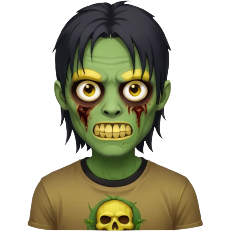 I want you to give me a zombie man and his skin its green who has golden teeth, yellow eyes, eyebrows and black hair, the hair I want to be a long modcut cut and is wearing a brown affliction T-shirt and thin circular lenses emoji