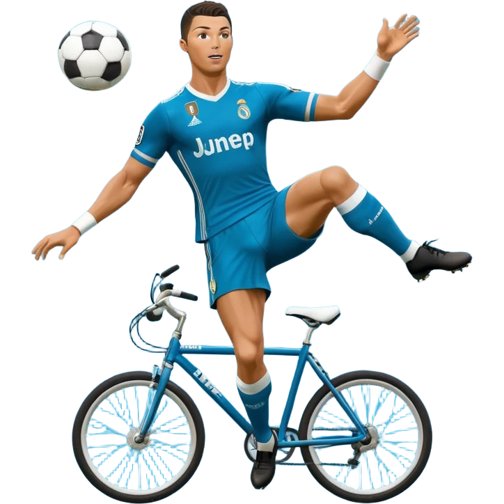 Ronaldo doing a bicycle kick with football in mid air While wearing a Retro blue Real madrid kit and yes i want it to be exactly the same as he Scored it in 2018 vs Juventus  emoji