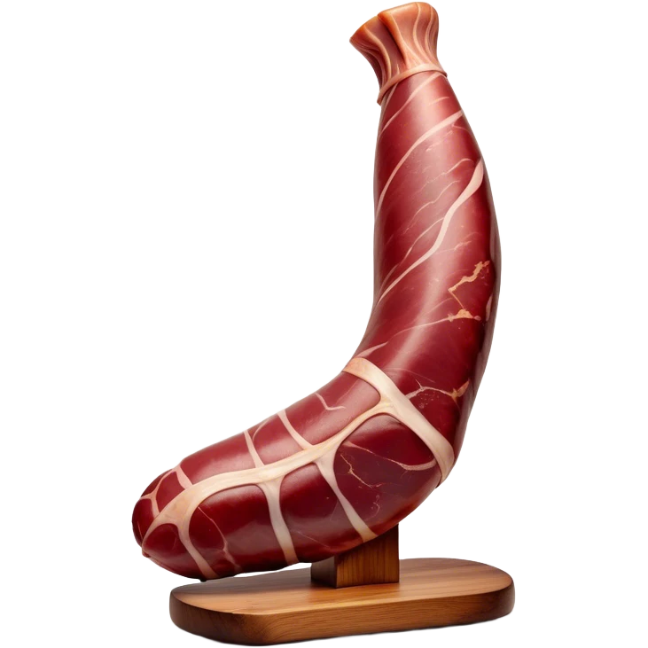 ​Cinematic Realistic Spanish Jamón Leg, depicted as a massive, cured leg of Jamón serrano with a deep reddish-brown hue, intricately marbled and slightly glossy with age, elegantly displayed on a rustic wooden stand and bathed in warm, soft lighting that accentuates its artisanal heritage, emoji
