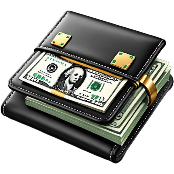Rich emoji style black leather wallet with dollar bills, luxury money vibe, premium 3D emoji, ultra clean, high detail, no background
 emoji