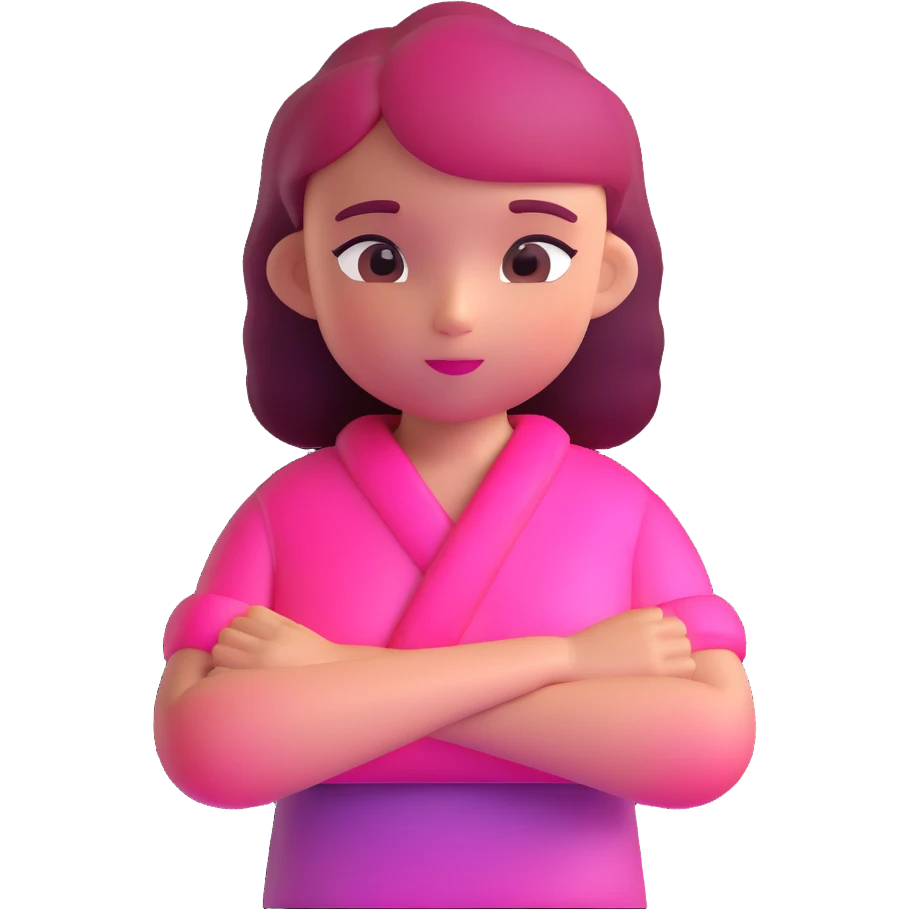 Shy girl character with arms crossed, transparent glass style, bright pink gradient, soft shadows and highlights, minimalist cute design emoji