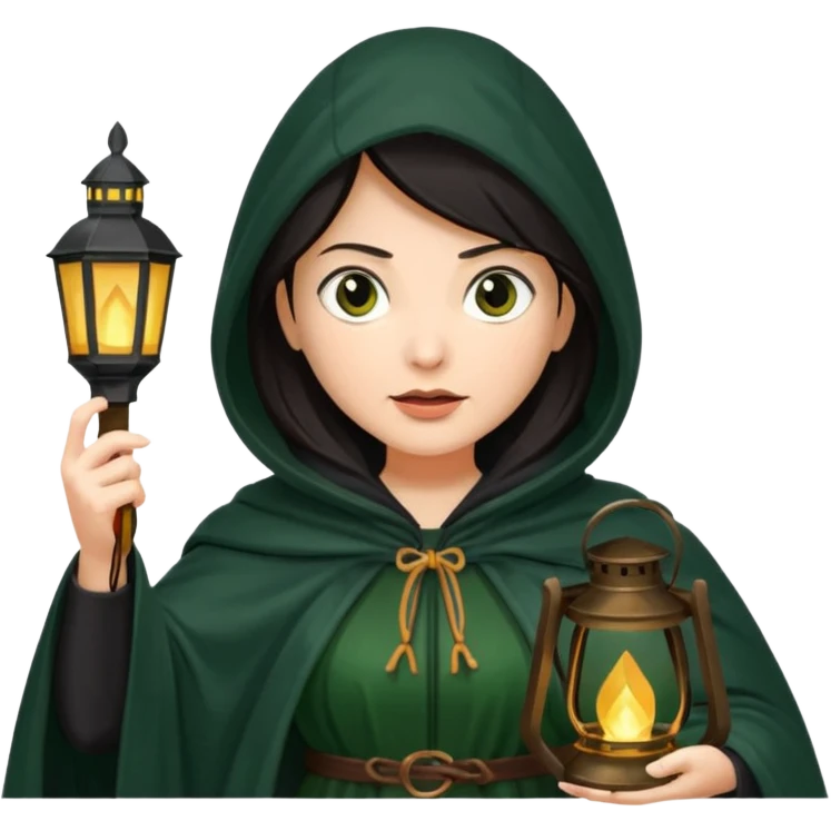 traitor tv show, dark haired woman wearing dark green cloak with hood up who looks evil and is holding up a lantern emoji