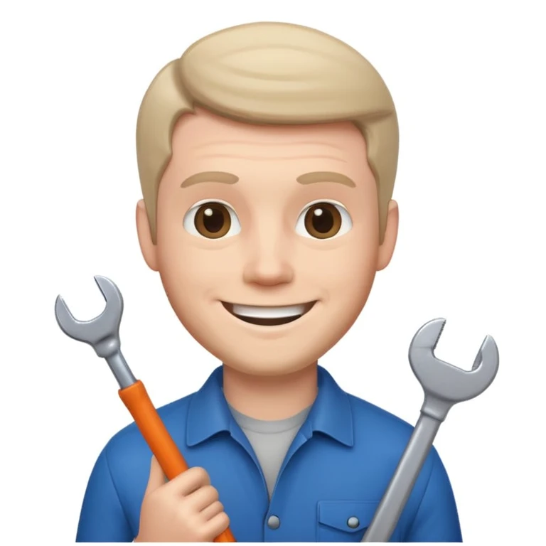 memoji style white man with a wrench, smiling, neutral background emoji
