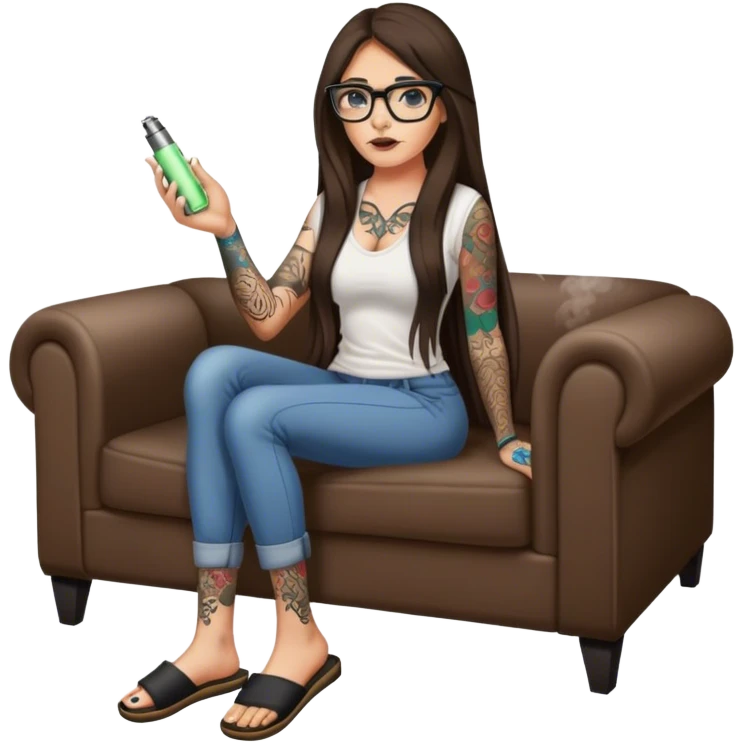 Brunette with long hair, slippers, glasses, tattooed arm, vaping emoji