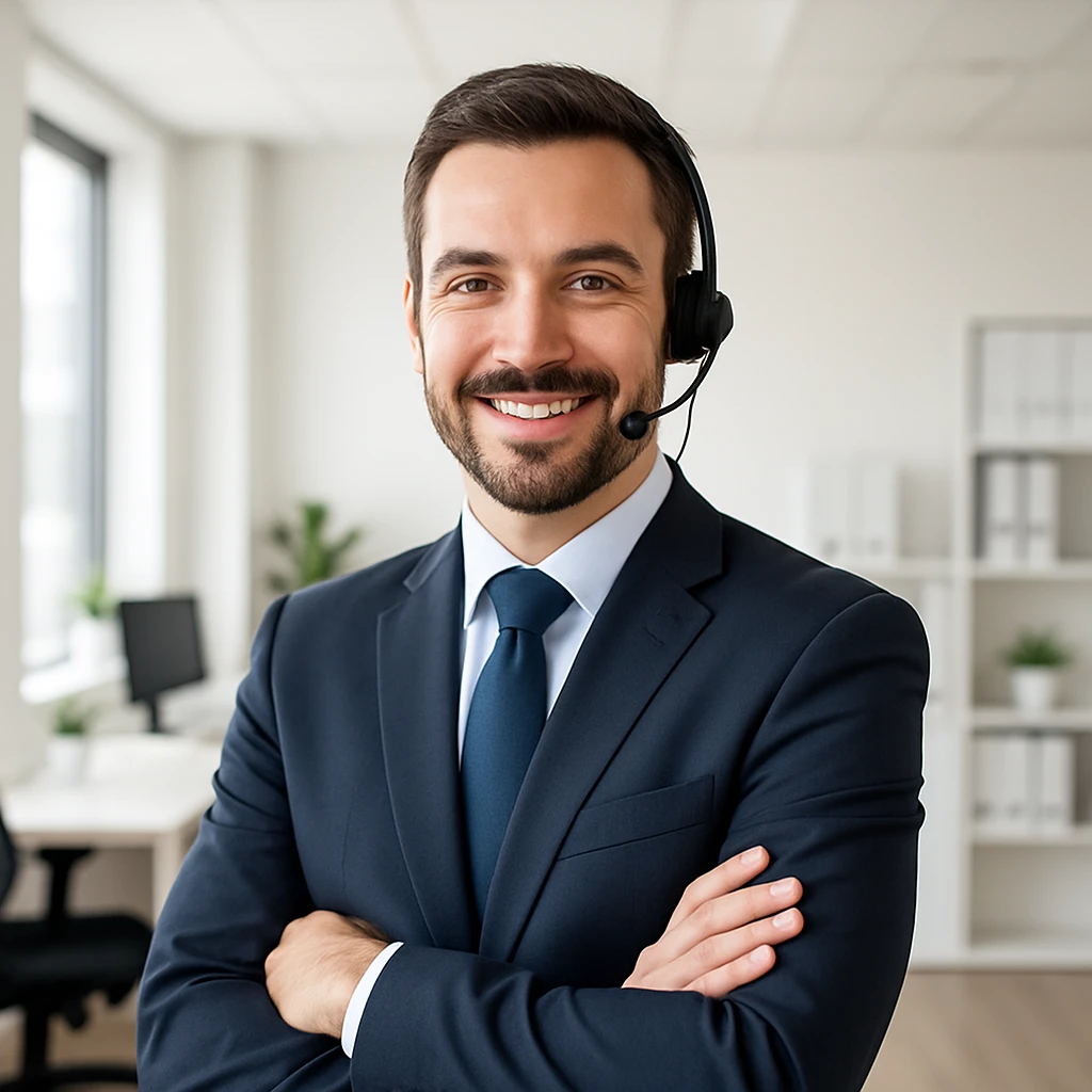 a professional service agent wearing business attire, friendly and approachable expression, modern office background, suitable for branding emoji