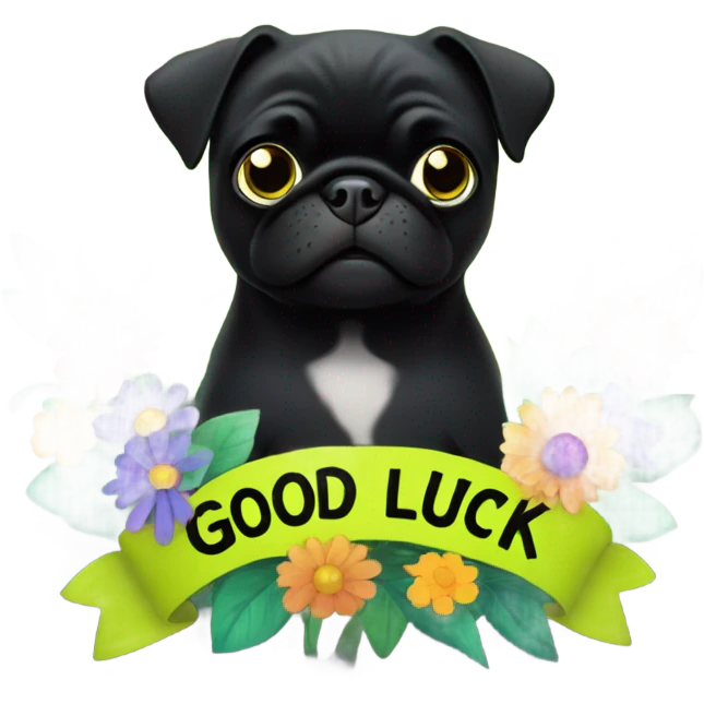 Black pug , surrounded by flowers, holding a green sign that says “good luck”  emoji