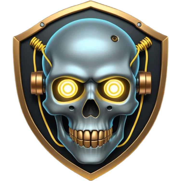 Cyberpunk shield, skull with cybernetic implants, glowing wires, dark electric silver and gold tones, no background emoji