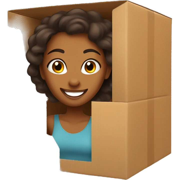 A beautiful brown skin woman with peeks cheerfully from an opening in a large cardboard box, her expression playful and inviting. emoji