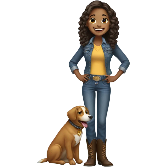 smiling girl with dog in bootcut jeans with cowboy boots  emoji
