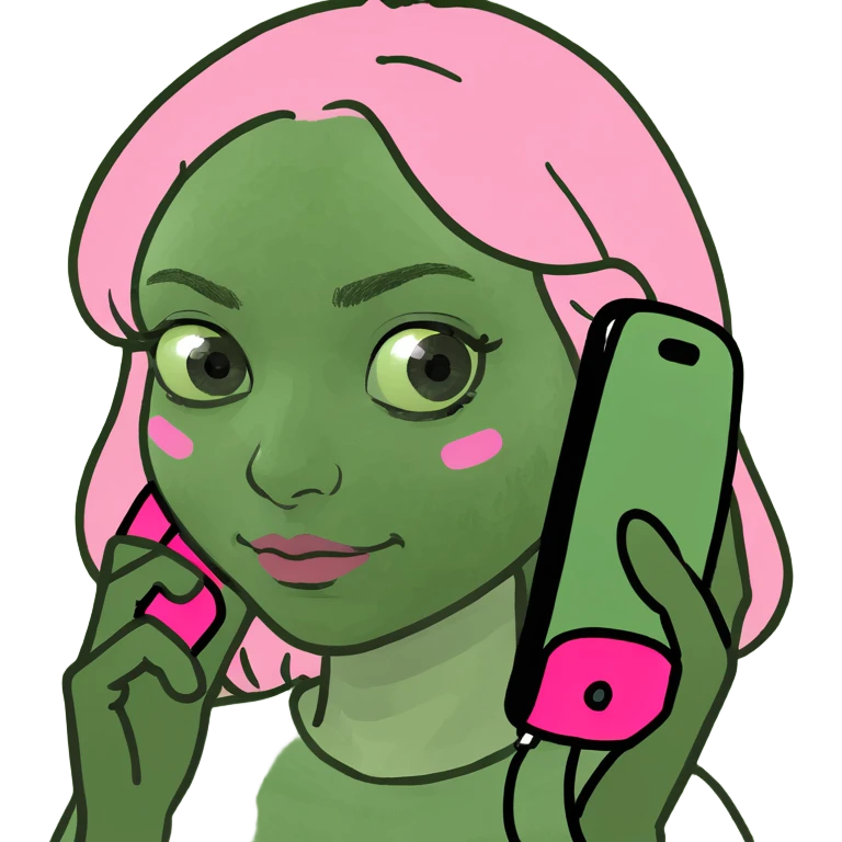 girl scrolling on pink phone emoji