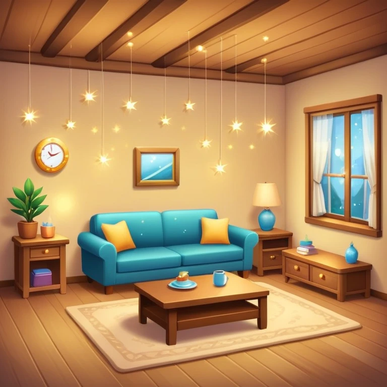 cozy room with furniture and sparkles floating above the furniture emoji