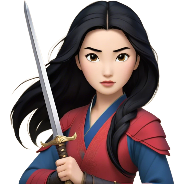 Cinematic Realistic Mulan Portrait, depicted with lifelike skin texture, soft natural lighting, and intricately detailed long black hair styled elegantly. Her deep, expressive eyes exude determination and grace, complemented by a serene yet confident expression. She stands with one hand resting on the hilt of her sword, the other by her side, exuding strength and poise. She is dressed in her classic attire, with rich fabric textures and delicate folds that catch the light beautifully. The portrait features a soft, enchanting glow with a natural, radiant finish, capturing the essence of timeless strength and beauty in a realistic and painterly style, evoking a sense of depth and authenticity. emoji