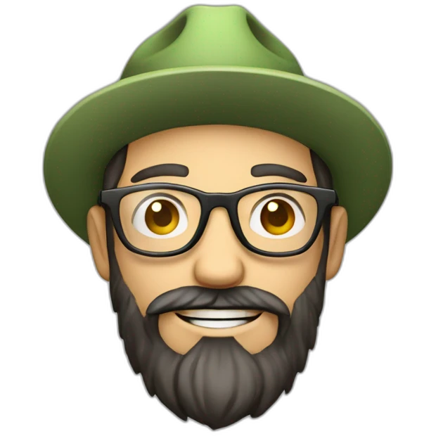 full body of an happy gardener face long dark beard and short dark hair with little transparent glasses and a hat emoji