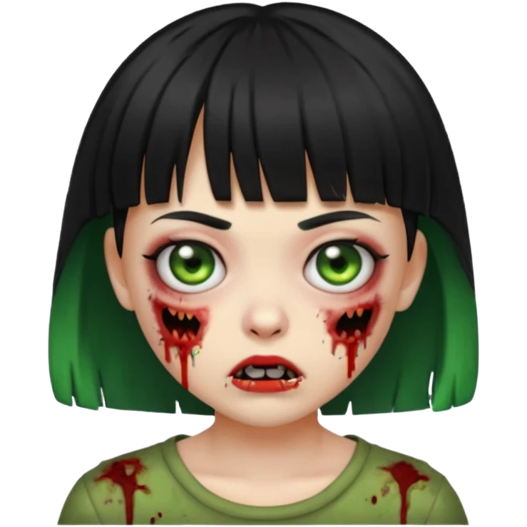 Emoji zombie girl verde com cabelo preto liso  curto com franja emoji