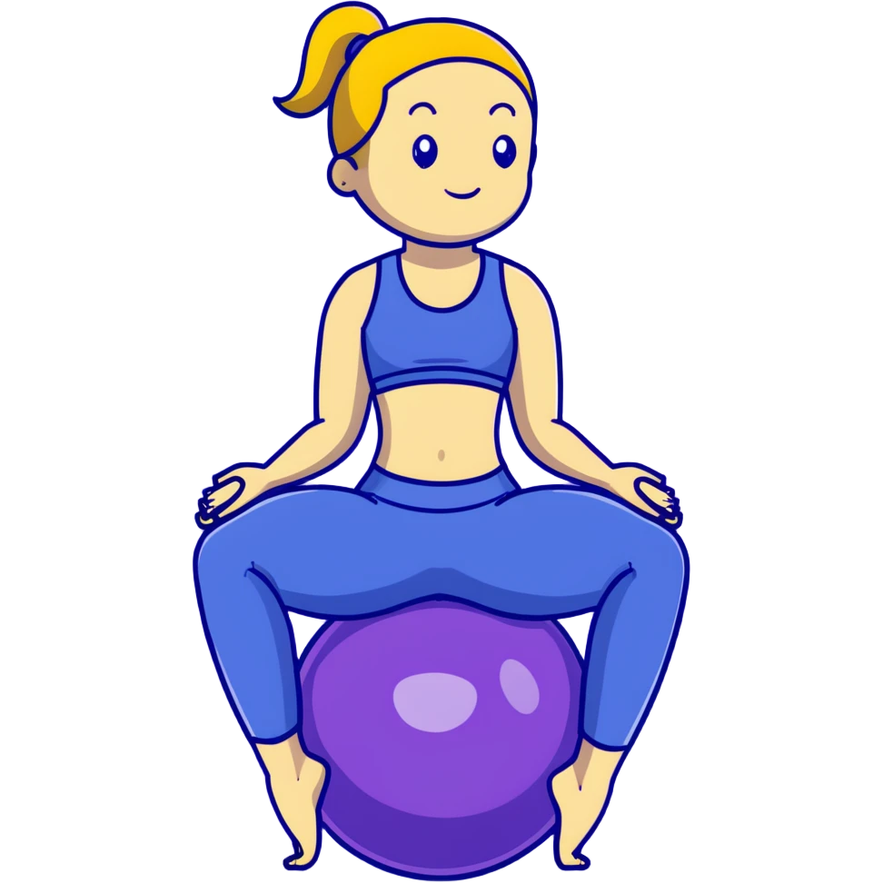 Yellow-skinned girl with high ponytail wearing blue sports bra and navy yoga pants doing yoga with a large exercise ball emoji