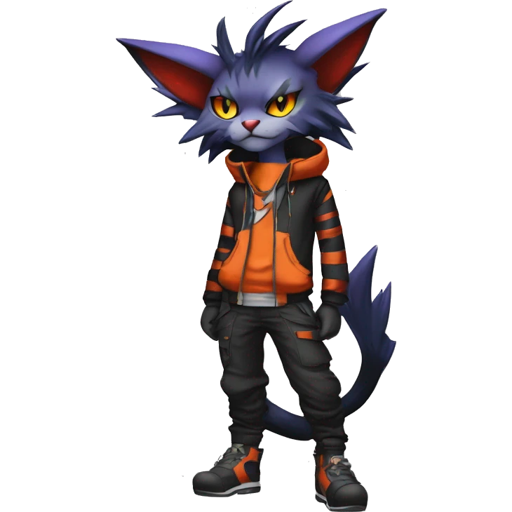 Cool Anthro Noivern-Litten-Feline-Pokémon with edgy stripes hoodie spiked collar punk techwear Cargo Pants Full Body emoji