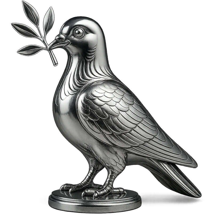 chrome style pigeon holding a branch in its beak, highly reflective and metallic emoji