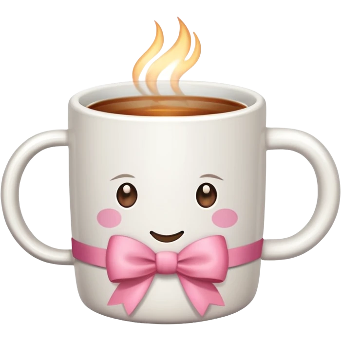 A white mug with a pink bow that contains tea emoji