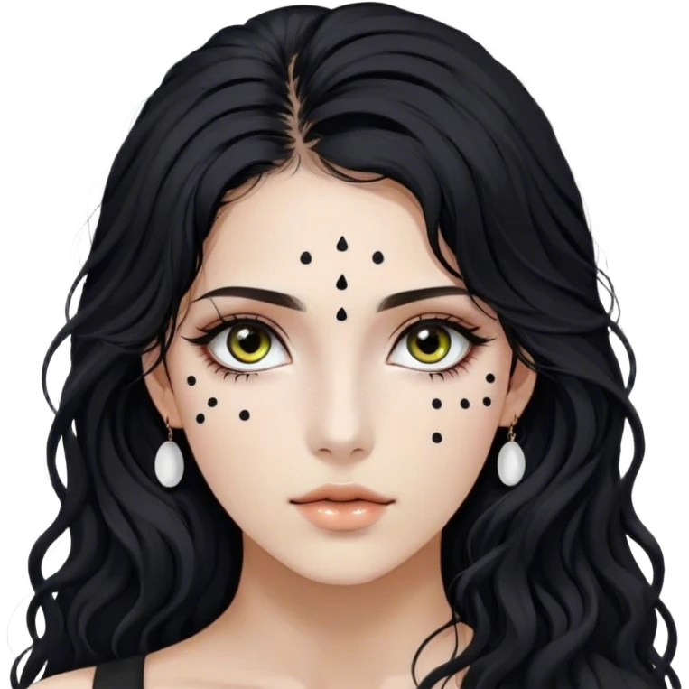 Mujer, cabello negro largo, ojos cafés, pequeños lunares en la mejilla derecha a dos centímetros del ojo, y otro a un centímetro de la parte derecha debajo de la boca, pómulos levemente marcados, ojos cafés oscuros, piel blanca, pestañas y cejas negras  emoji