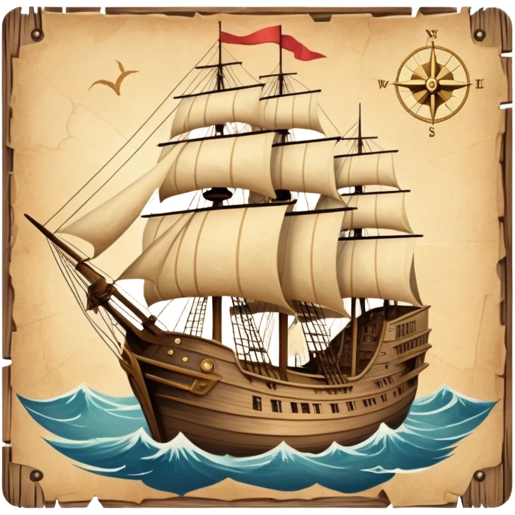 Icon for Historical Movies: Age of Great Geographical Discoveries. A vintage movie poster-style design with a sailing ship, a compass, and a globe. Include explorers with maps, sea waves, and distant lands in the background. Retro cinematic style. Transparent background. emoji