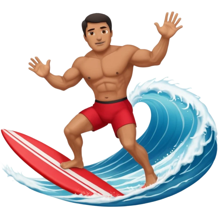 50 year old, muscular, dark haired, tan, red shorts man riding a big wave emoji