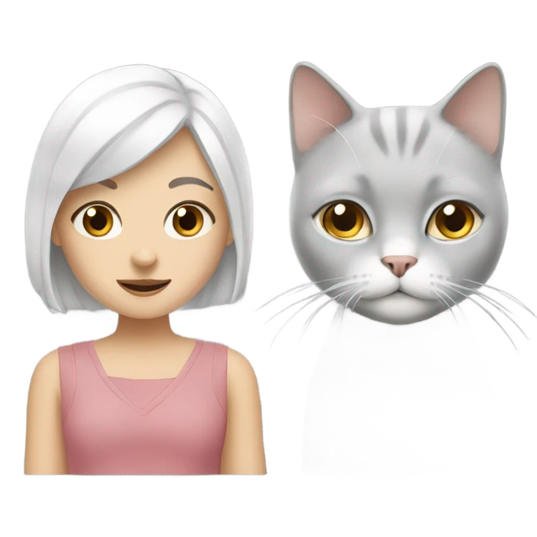 Girl with white hair, grey eyes with British grey and white cat emoji