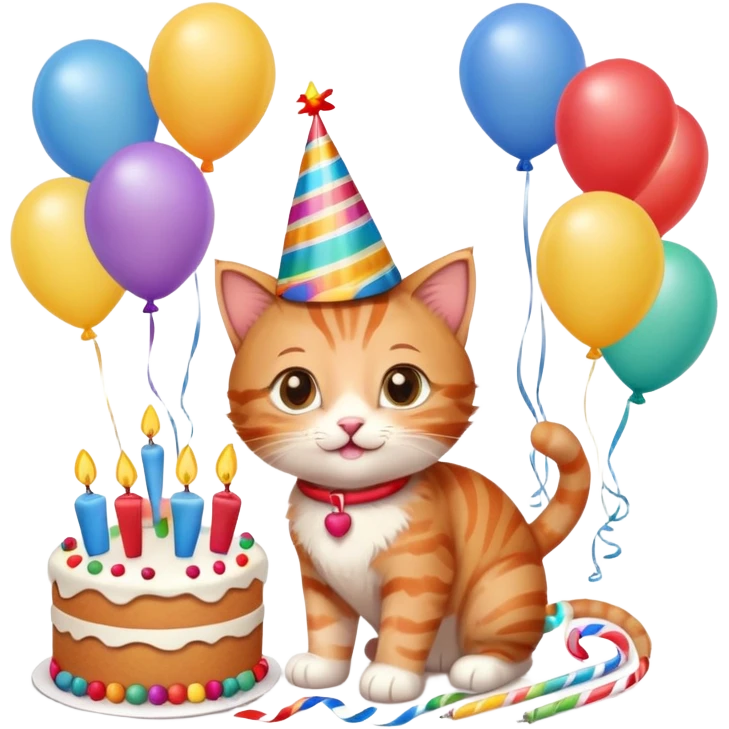 Ginger tabby kitten birthday, birthday hat, birthday cake, balloons, happy, gifts emoji