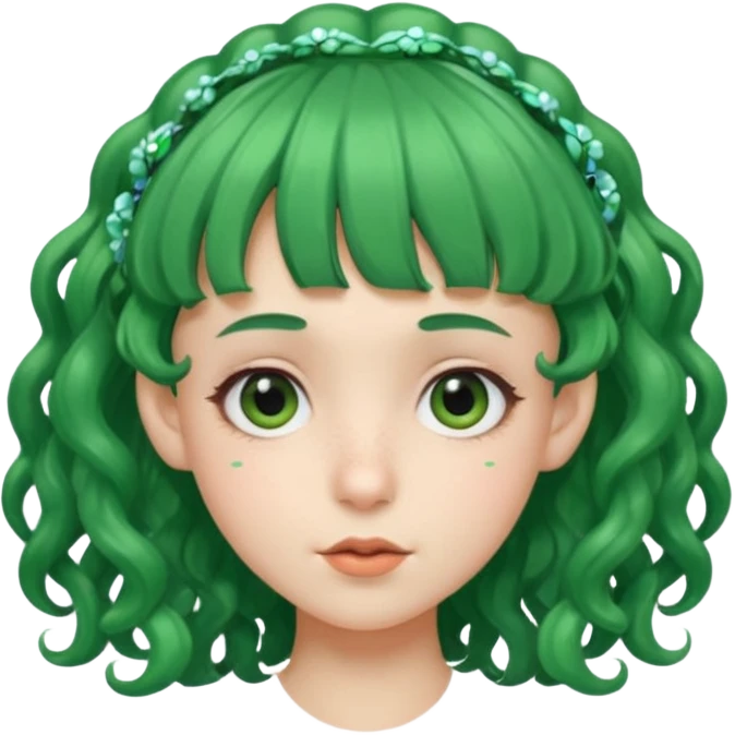 green curly  haired with hair bangs big head accessory big nose mid size ear young emoji