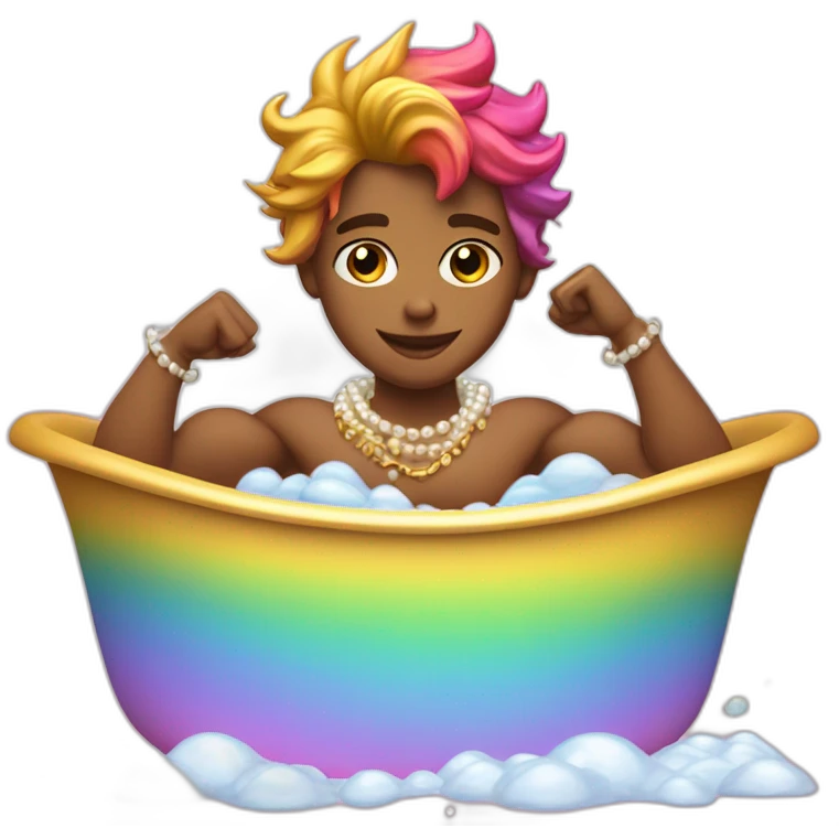 posh-muscle-boy-with-pearl-necklace-and-rainbow-unicorn-hair-in-golden-bathtub emoji