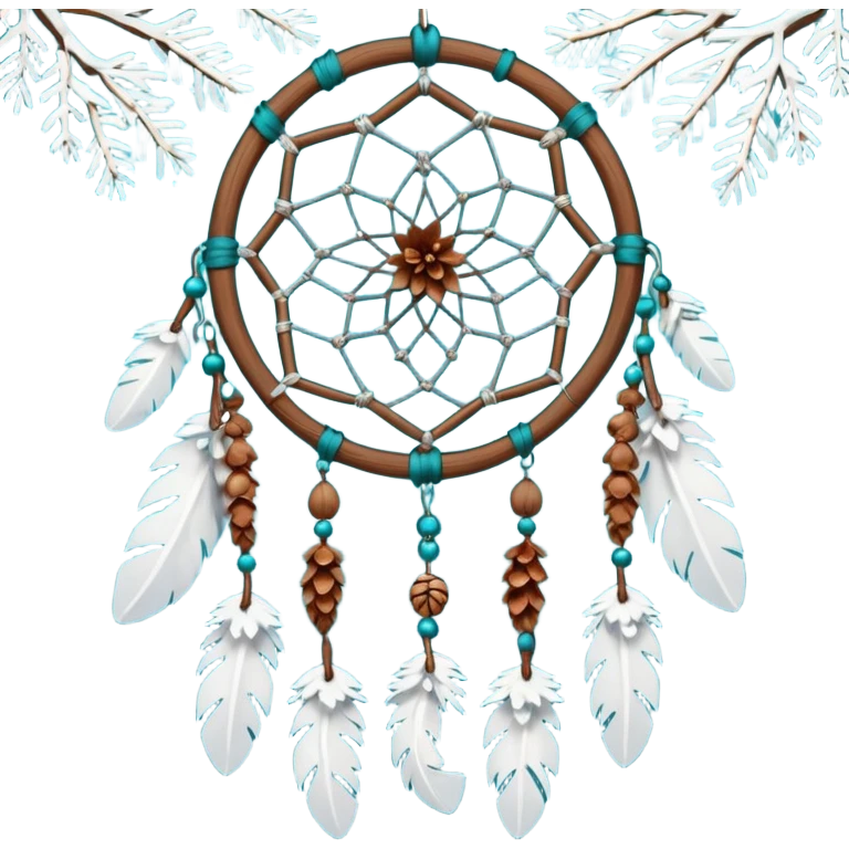 Winter-themed snow-covered spruce pine wooden pinecones and nuts dreamcatcher with white feathers, silvery chains and teal leaves emoji