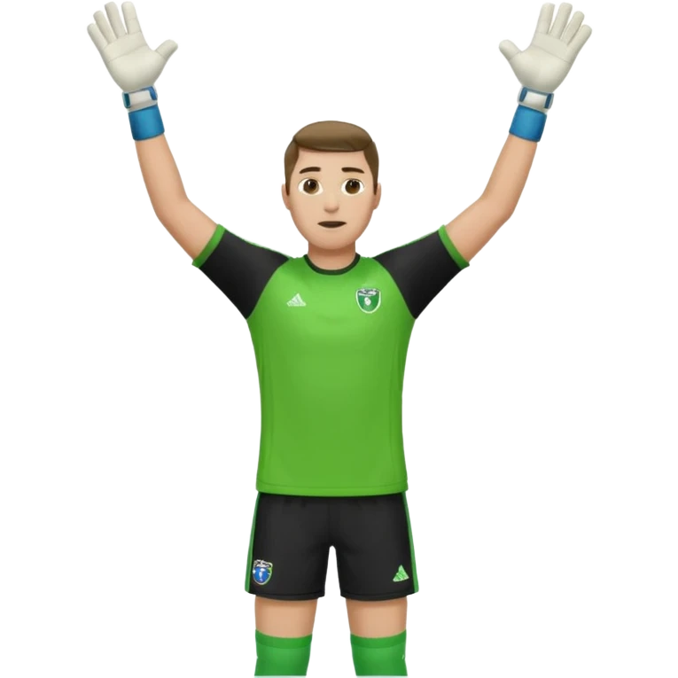 goalkeeper, standing, wearing a green shirt, shorts, socks and football boots, with arms raised emoji