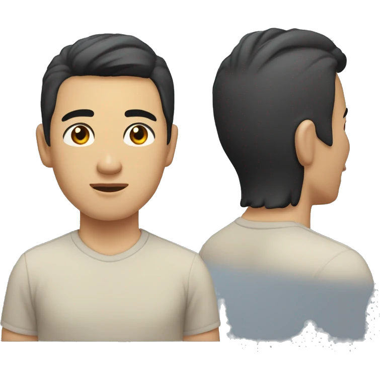 A head and shoulders shot of a 33 year old Asian man, with short black hair, with none facial hair,   with brown eyes wearing a t-shirt. emoji