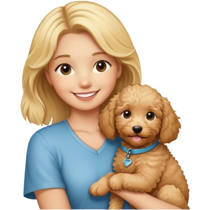 blonde girl smiling and  holding tan goldendoodle puppy  emoji