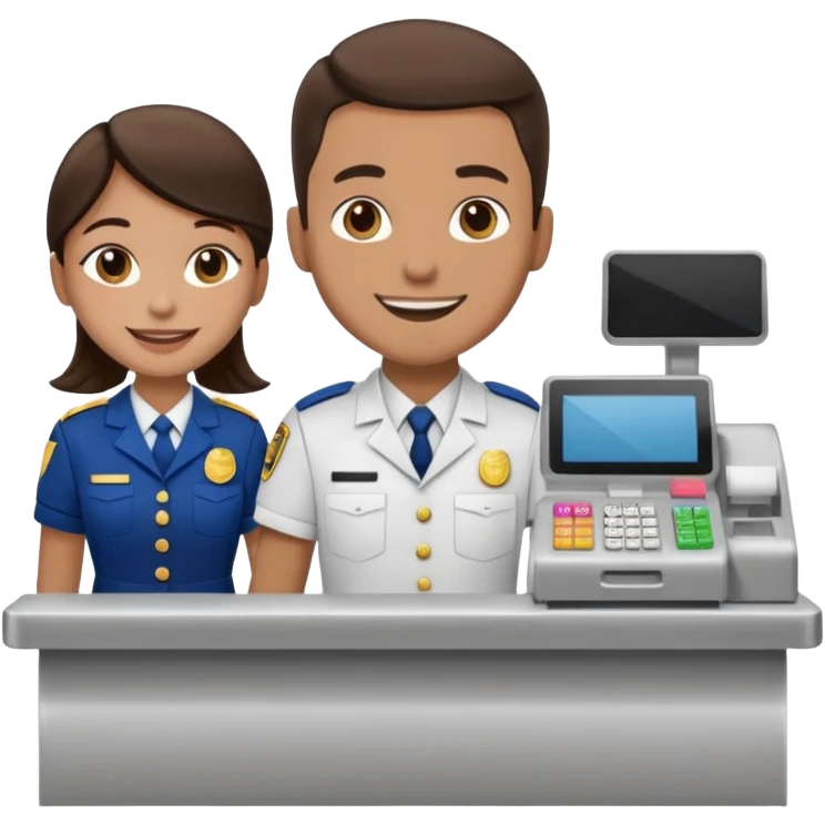 Supermarket employee at a cash register, full body, serving a man emoji
