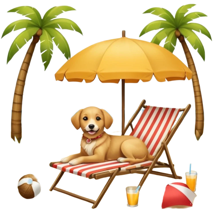 a dog laied on a beach chair, a sunny beach, a sun umbrella, and beach coconut trees. the icon should capture the essence of a relaxing beach vacation with a carefree atmosphere emoji