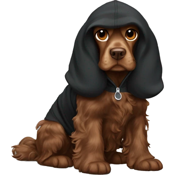 brown cocker spaniel wearing a black hoodie. The dog is viewing a laptop emoji