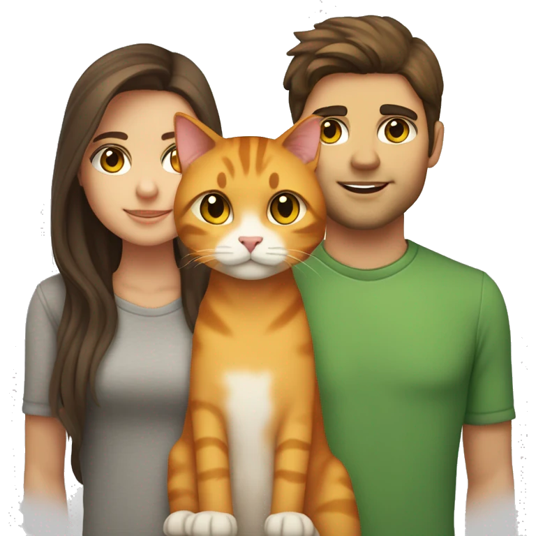 a brunette with long hair and brown eyes and her boyfriend with fluffy brown hair and brown eyes holding an orange cat with yellow eyes and a grey tabby cat with green eyes emoji
