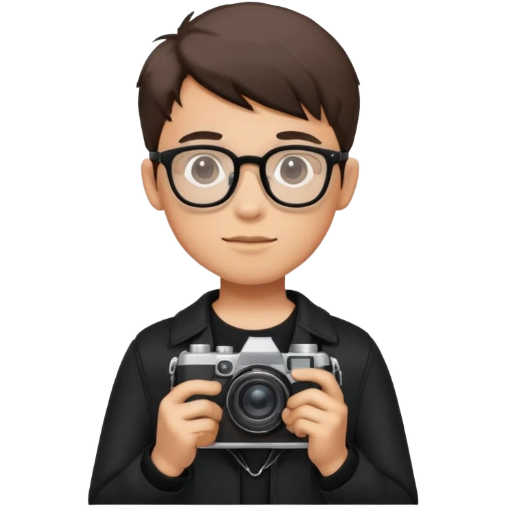 A handsome boy wearing glasses and holding a camera Wearing black clothes emoji
