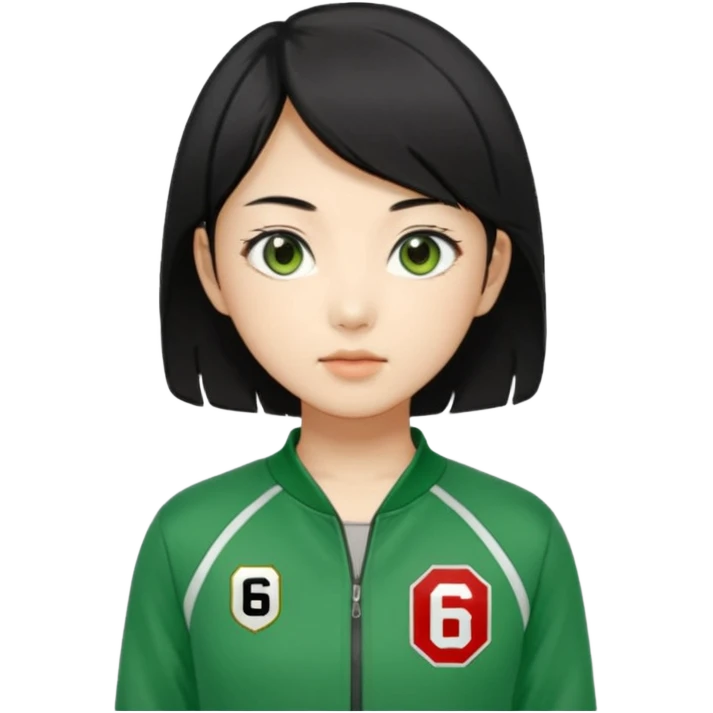 Create Kang Sae-byeok (Player 067), Korean female, short layered black hair, sharp eyes, green tracksuit with number 067 patch on chest. emoji